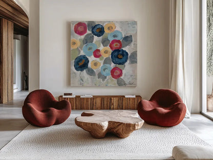 Winter Flowers II by Silvia Vassileva. Shown as extra-large giant wall art in a modern living room. Available as an archival giclee rolled canvas, fine art paper, or poster print. SKU 23934a.