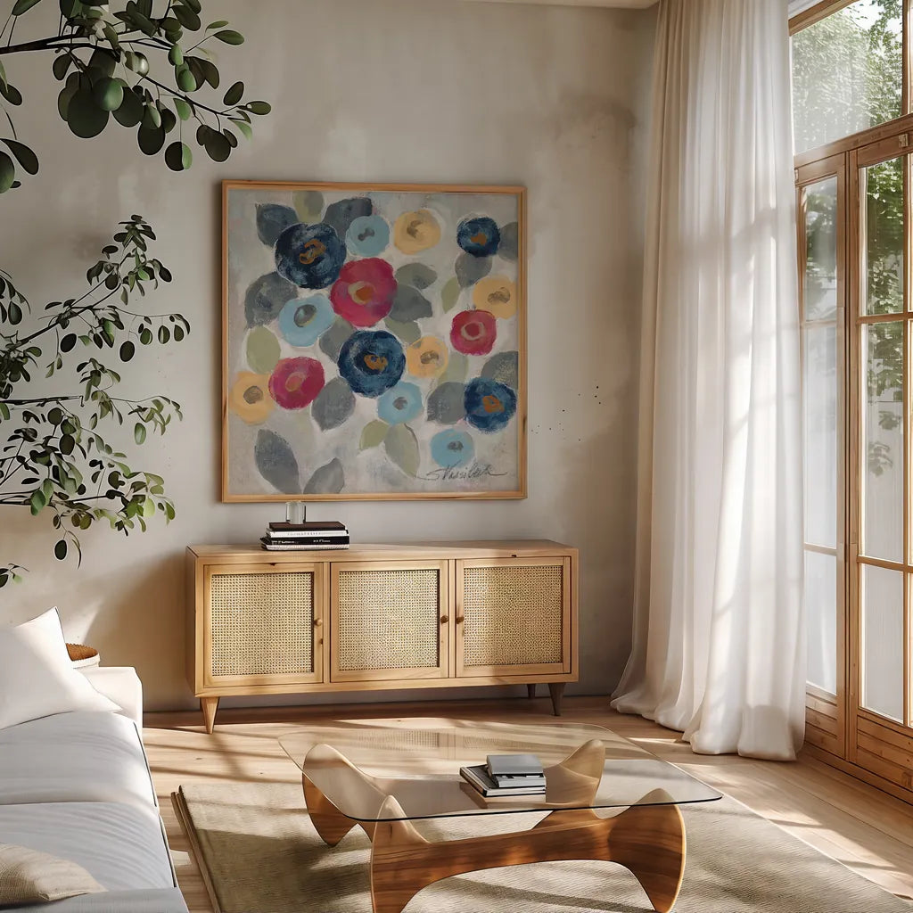 Winter Flowers III by Silvia Vassileva. Shown in a natural wood frame in a cozy modern living room. Available as an archival giclee rolled canvas, fine art paper, or poster print. SKU 23935a.