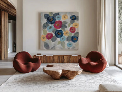 Winter Flowers III by Silvia Vassileva. Shown as extra-large giant wall art in a modern living room. Available as an archival giclee rolled canvas, fine art paper, or poster print. SKU 23935a.