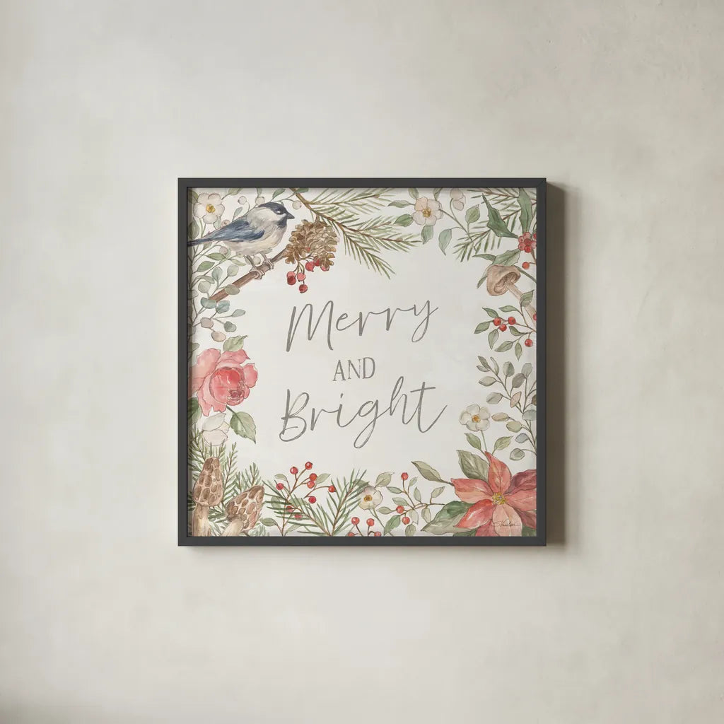 Woodland Christmas II by Silvia Vassileva. Shown in a sleek black glass frame for a contemporary gallery look. Available as an archival giclee rolled canvas, fine art paper, or poster print. SKU 78223a.