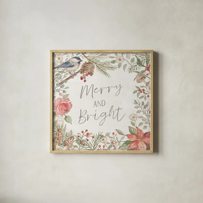 Woodland Christmas II by Silvia Vassileva. Shown in a natural wood glass frame for a timeless modern aesthetic. Available as an archival giclee rolled canvas, fine art paper, or poster print. SKU 78223a.