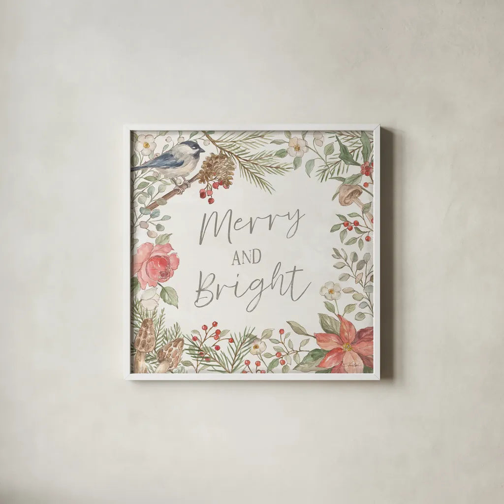 Woodland Christmas II by Silvia Vassileva. Shown in a crisp white glass frame for a clean and minimalist style. Available as an archival giclee rolled canvas, fine art paper, or poster print. SKU 78223a.