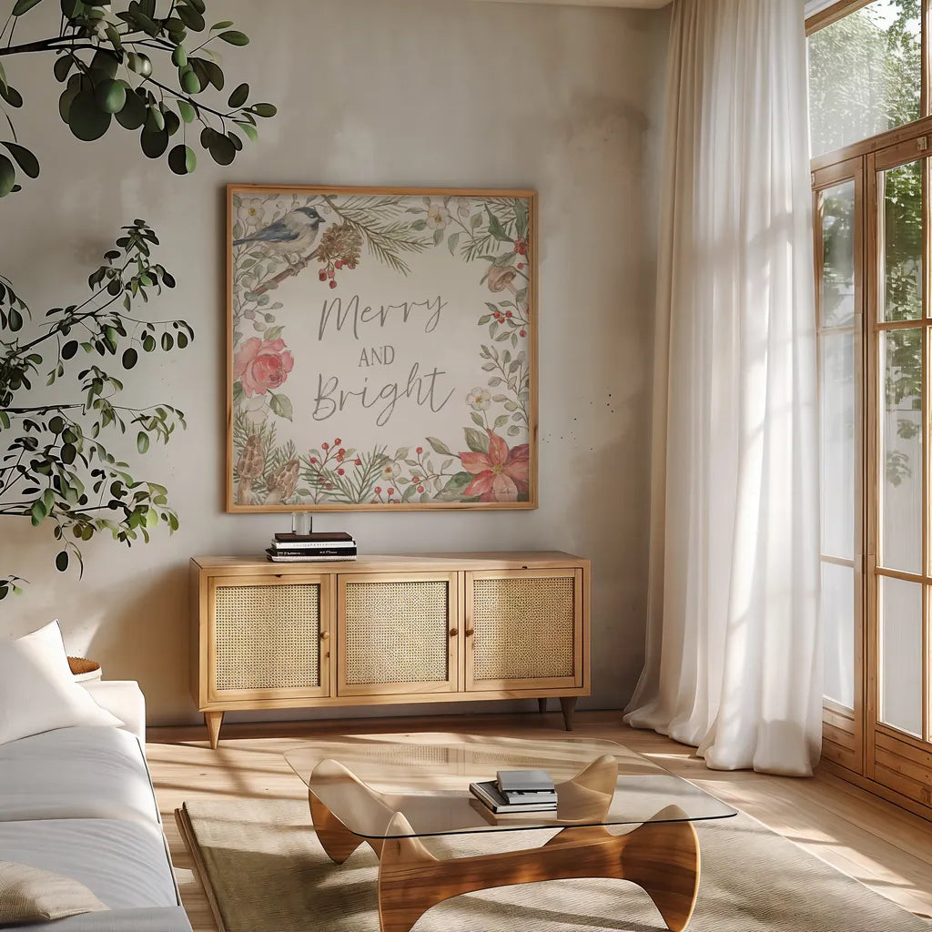 Woodland Christmas II by Silvia Vassileva. Shown in a natural wood frame in a cozy modern living room. Available as an archival giclee rolled canvas, fine art paper, or poster print. SKU 78223a.