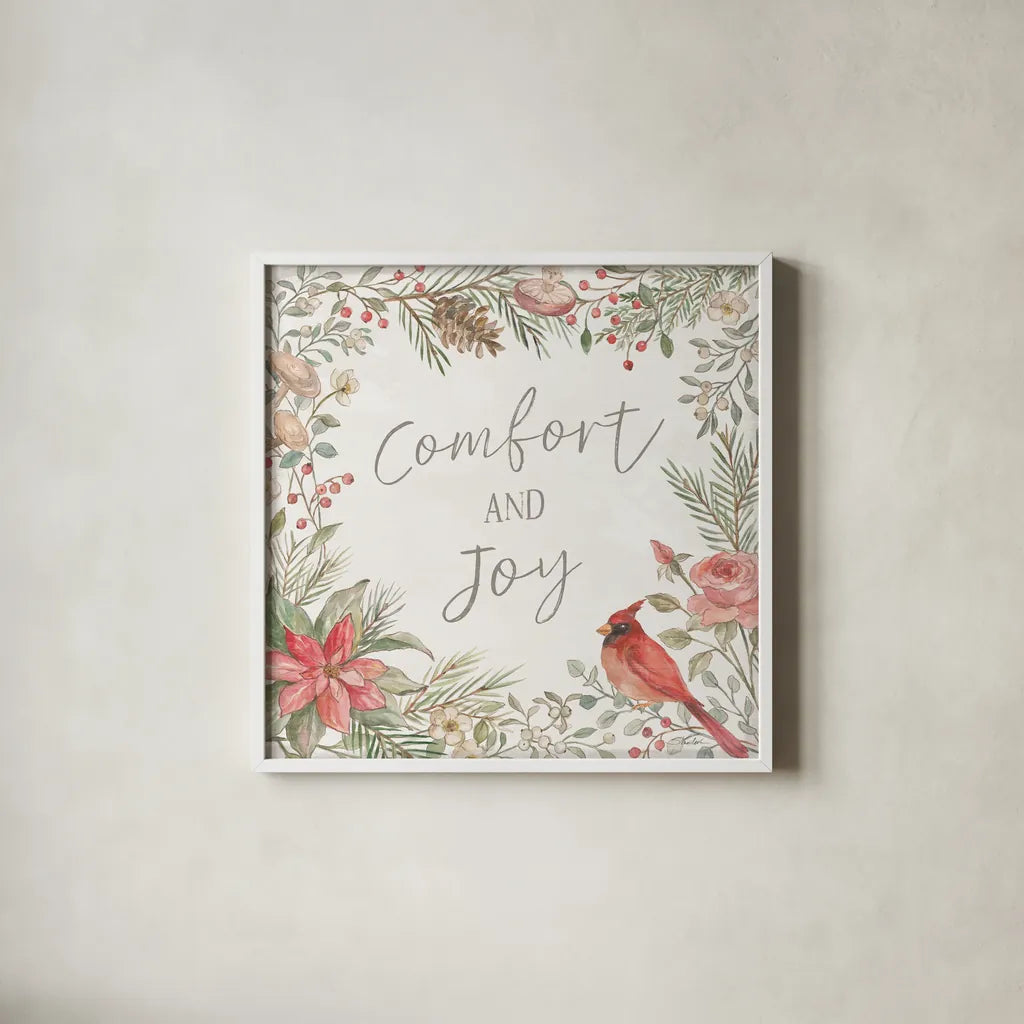 Woodland Christmas III by Silvia Vassileva. Shown in a crisp white glass frame for a clean and minimalist style. Available as an archival giclee rolled canvas, fine art paper, or poster print. SKU 78224a.