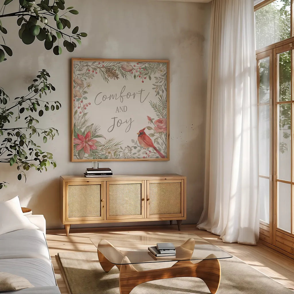 Woodland Christmas III by Silvia Vassileva. Shown in a natural wood frame in a cozy modern living room. Available as an archival giclee rolled canvas, fine art paper, or poster print. SKU 78224a.