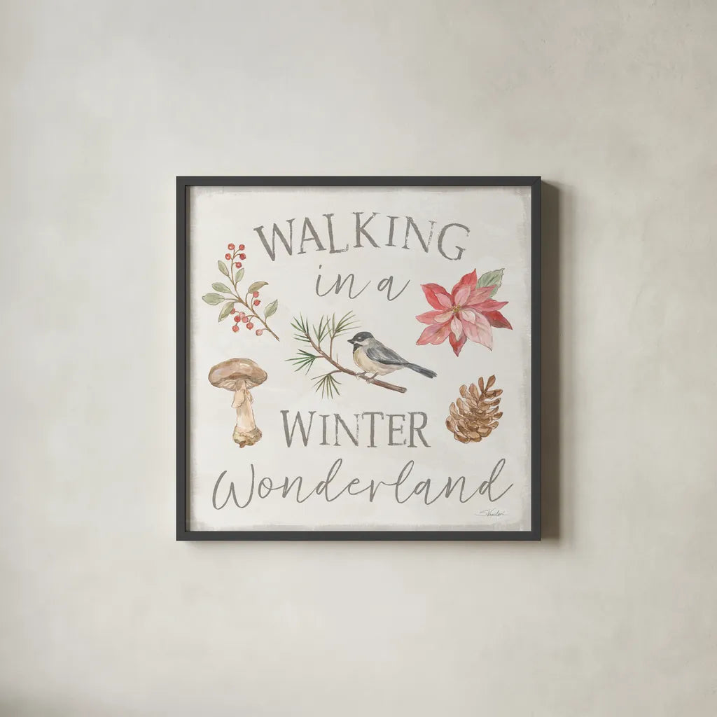 Woodland Christmas VII by Silvia Vassileva. Shown in a sleek black glass frame for a contemporary gallery look. Available as an archival giclee rolled canvas, fine art paper, or poster print. SKU 78228a.