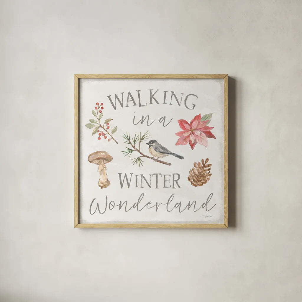 Woodland Christmas VII by Silvia Vassileva. Shown in a natural wood glass frame for a timeless modern aesthetic. Available as an archival giclee rolled canvas, fine art paper, or poster print. SKU 78228a.