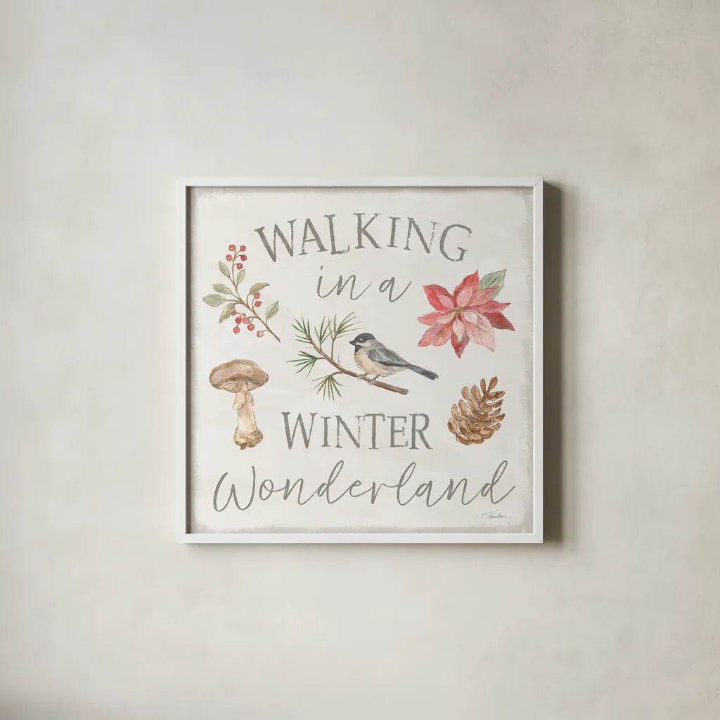 Woodland Christmas VII by Silvia Vassileva. Shown in a crisp white glass frame for a clean and minimalist style. Available as an archival giclee rolled canvas, fine art paper, or poster print. SKU 78228a.
