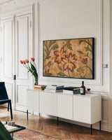 Woven Dreams I by Silvia Vassileva. shown as a framed stretched canvas in a living room above a console. Available as a archival giclee rolled canvas, fine art paper, or poster print. SKU 27830i.