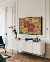 Woven Dreams IV by Silvia Vassileva. shown as a framed stretched canvas in a living room above a console. Available as a archival giclee rolled canvas, fine art paper, or poster print. SKU 3764i.