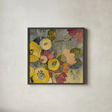 Yellow Floral Duo I Crop by Silvia Vassileva. Shown in a sleek black glass frame for a contemporary gallery look. Available as an archival giclee rolled canvas, fine art paper, or poster print. SKU 21583a.