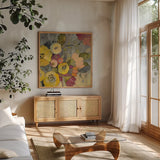 Yellow Floral Duo I Crop by Silvia Vassileva. Shown in a natural wood frame in a cozy modern living room. Available as an archival giclee rolled canvas, fine art paper, or poster print. SKU 21583a.