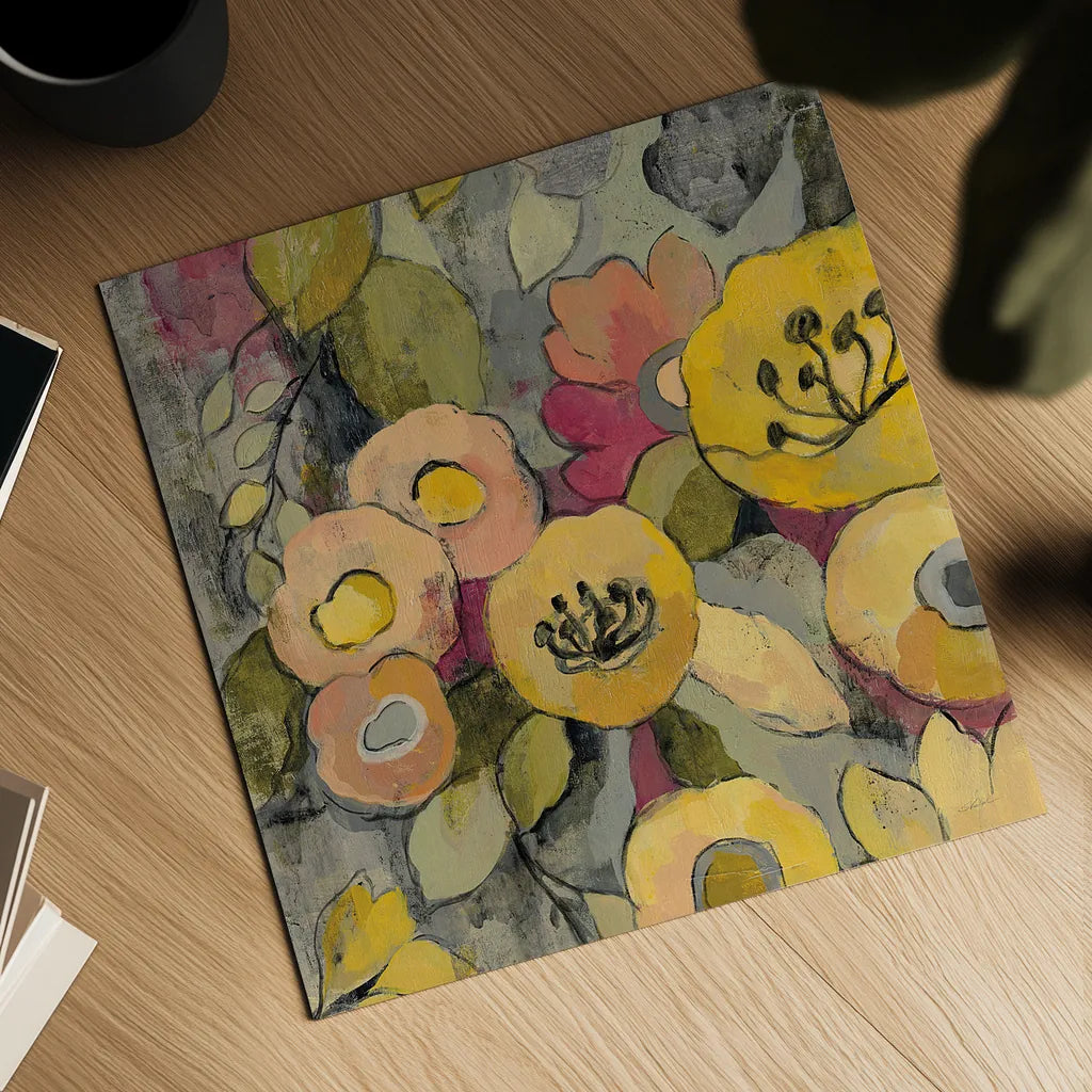 Yellow Floral Duo II Crop by Silvia Vassileva. Shown as a detailed flat fine art print, highlighting archival giclee quality. Available as an archival giclee rolled canvas, fine art paper, or poster print. SKU 21584a.