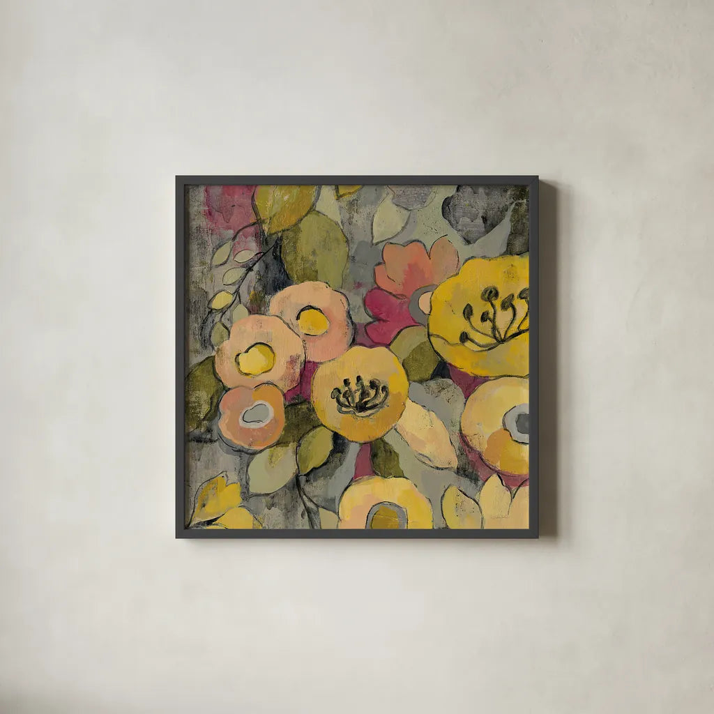 Yellow Floral Duo II Crop by Silvia Vassileva. Shown in a sleek black glass frame for a contemporary gallery look. Available as an archival giclee rolled canvas, fine art paper, or poster print. SKU 21584a.