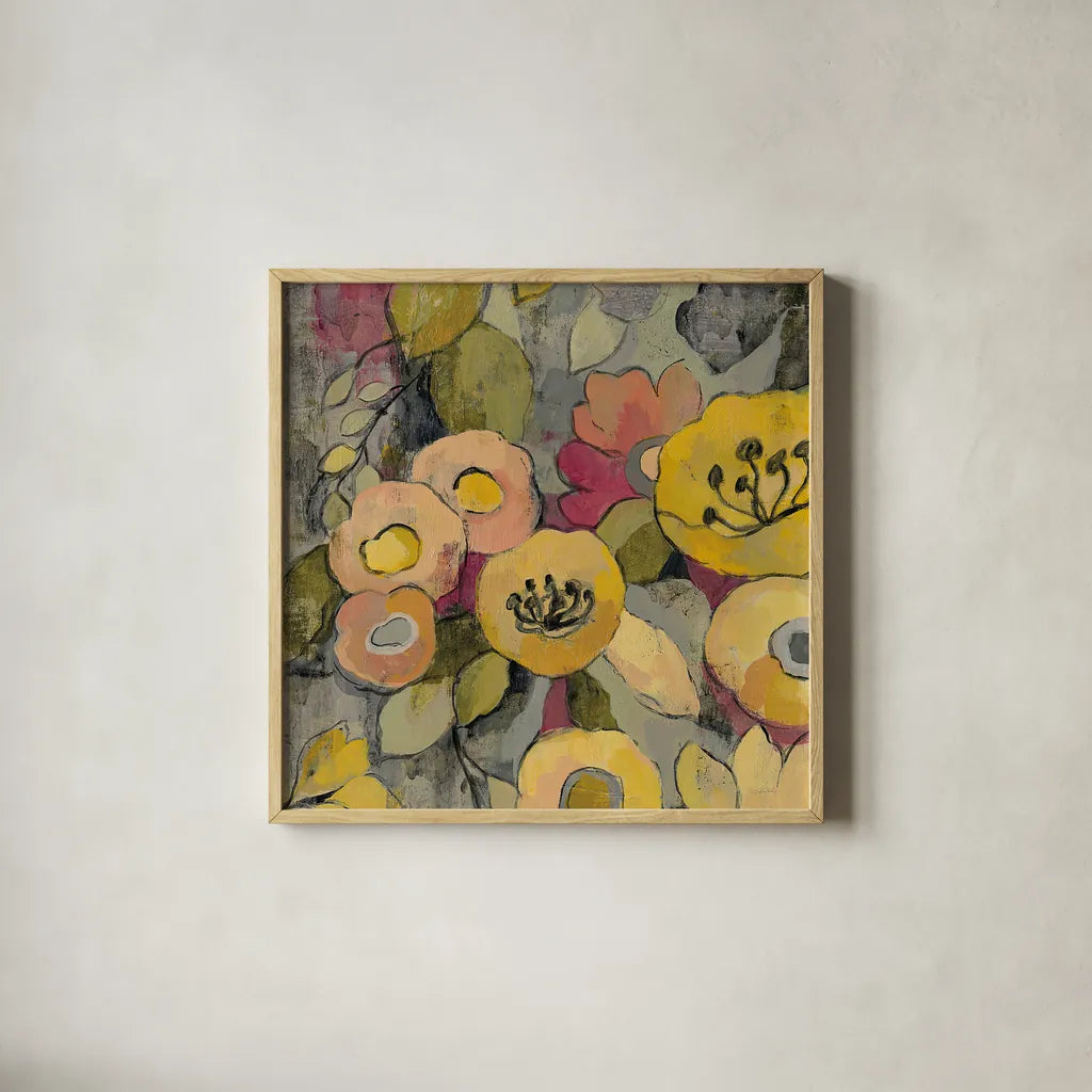Yellow Floral Duo II Crop by Silvia Vassileva. Shown in a natural wood glass frame for a timeless modern aesthetic. Available as an archival giclee rolled canvas, fine art paper, or poster print. SKU 21584a.