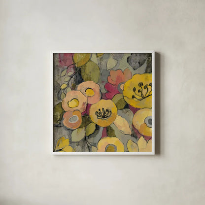 Yellow Floral Duo II Crop by Silvia Vassileva. Shown in a crisp white glass frame for a clean and minimalist style. Available as an archival giclee rolled canvas, fine art paper, or poster print. SKU 21584a.