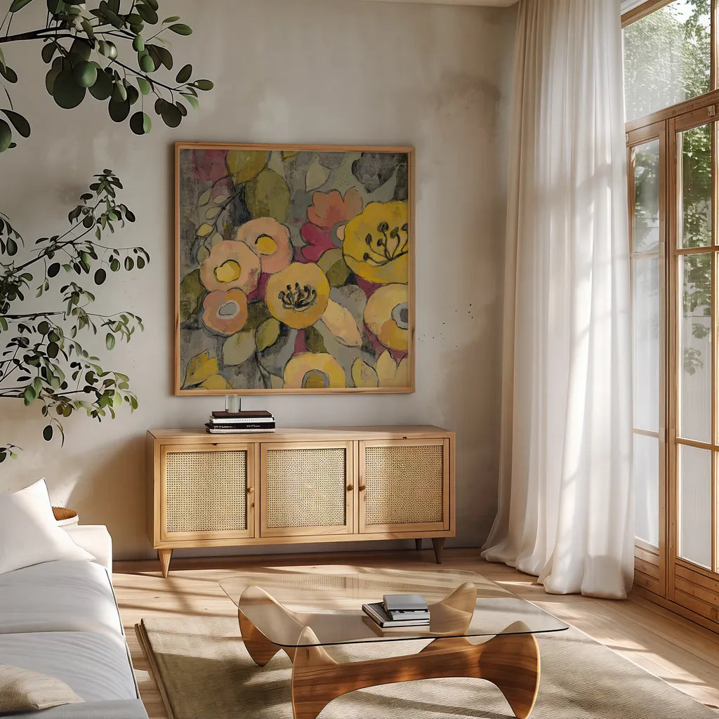 Yellow Floral Duo II Crop by Silvia Vassileva. Shown in a natural wood frame in a cozy modern living room. Available as an archival giclee rolled canvas, fine art paper, or poster print. SKU 21584a.