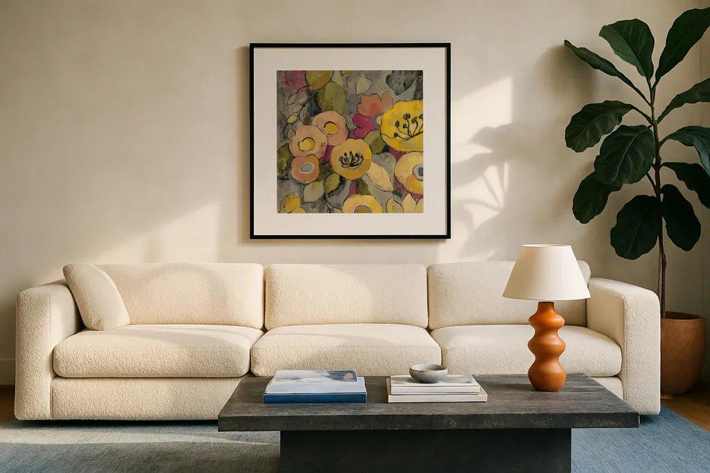 Yellow Floral Duo II Crop by Silvia Vassileva. Displayed in a glass frame with matte in a clean modern living room. Available as an archival giclee rolled canvas, fine art paper, or poster print. SKU 21584a.