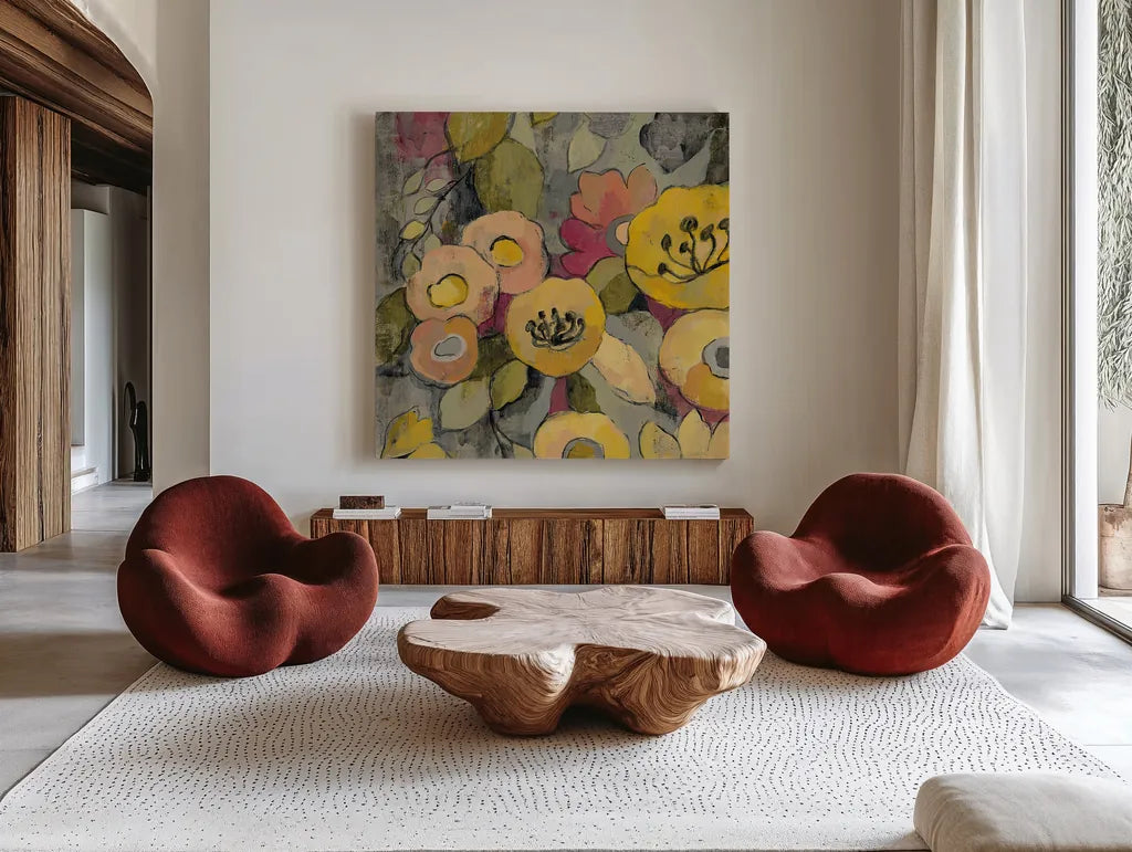Yellow Floral Duo II Crop by Silvia Vassileva. Shown as extra-large giant wall art in a modern living room. Available as an archival giclee rolled canvas, fine art paper, or poster print. SKU 21584a.