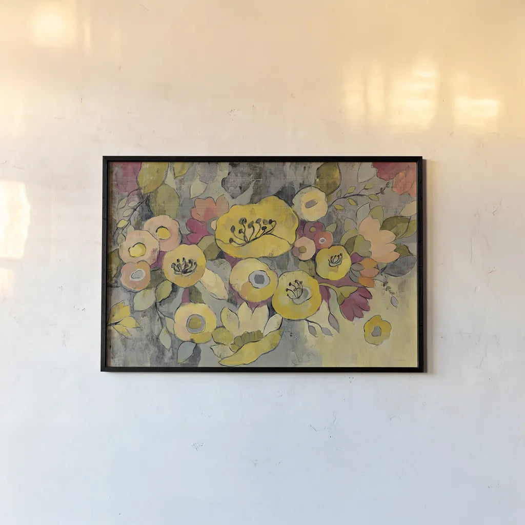 Yellow Floral Duo III by Silvia Vassileva. shown as a paper print in a black flame. Available as a archival giclee rolled canvas, fine art paper, or poster print. SKU 21585i.