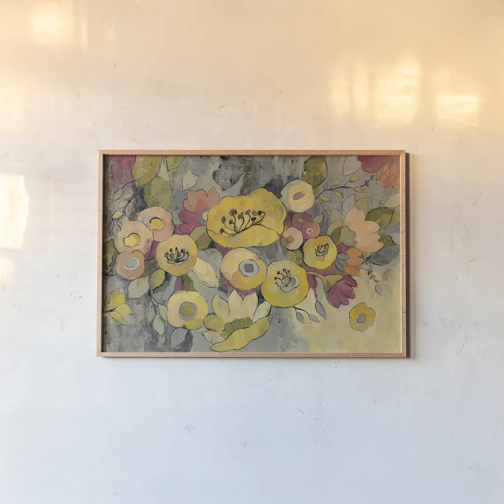 Yellow Floral Duo III by Silvia Vassileva. shown as a paper print in a natural frame. Available as a archival giclee rolled canvas, fine art paper, or poster print. SKU 21585i.