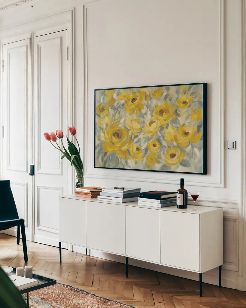 Yellow Roses by Silvia Vassileva. shown as a framed stretched canvas in a living room above a console. Available as a archival giclee rolled canvas, fine art paper, or poster print. SKU 50288i.