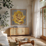 Yellow Roses I by Silvia Vassileva. Shown in a natural wood frame in a cozy modern living room. Available as an archival giclee rolled canvas, fine art paper, or poster print. SKU 65674a.