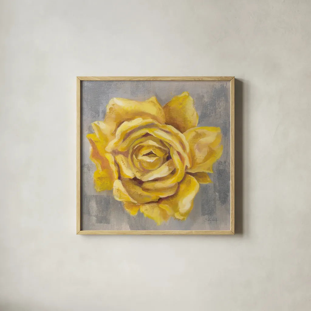 Yellow Roses II by Silvia Vassileva. Shown in a natural wood glass frame for a timeless modern aesthetic. Available as an archival giclee rolled canvas, fine art paper, or poster print. SKU 65675a.