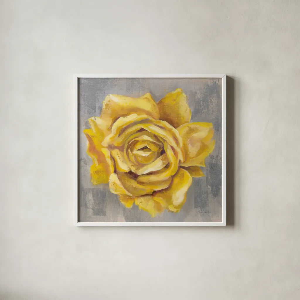 Yellow Roses II by Silvia Vassileva. Shown in a crisp white glass frame for a clean and minimalist style. Available as an archival giclee rolled canvas, fine art paper, or poster print. SKU 65675a.