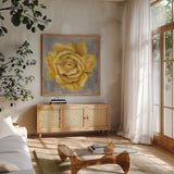 Yellow Roses II by Silvia Vassileva. Shown in a natural wood frame in a cozy modern living room. Available as an archival giclee rolled canvas, fine art paper, or poster print. SKU 65675a.