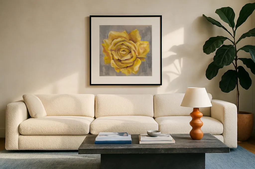 Yellow Roses II by Silvia Vassileva. Displayed in a glass frame with matte in a clean modern living room. Available as an archival giclee rolled canvas, fine art paper, or poster print. SKU 65675a.