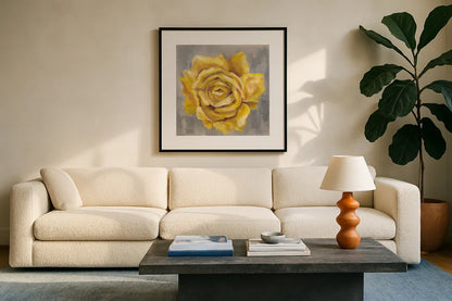 Yellow Roses II by Silvia Vassileva. Displayed in a glass frame with matte in a clean modern living room. Available as an archival giclee rolled canvas, fine art paper, or poster print. SKU 65675a.