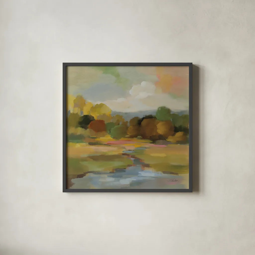 Yellow Trees by Silvia Vassileva. Shown in a sleek black glass frame for a contemporary gallery look. Available as an archival giclee rolled canvas, fine art paper, or poster print. SKU 95714a.