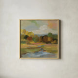Yellow Trees by Silvia Vassileva. Shown in a natural wood glass frame for a timeless modern aesthetic. Available as an archival giclee rolled canvas, fine art paper, or poster print. SKU 95714a.