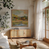 Yellow Trees by Silvia Vassileva. Shown in a natural wood frame in a cozy modern living room. Available as an archival giclee rolled canvas, fine art paper, or poster print. SKU 95714a.