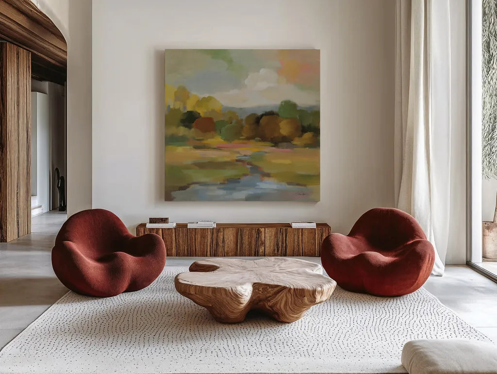 Yellow Trees by Silvia Vassileva. Shown as extra-large giant wall art in a modern living room. Available as an archival giclee rolled canvas, fine art paper, or poster print. SKU 95714a.