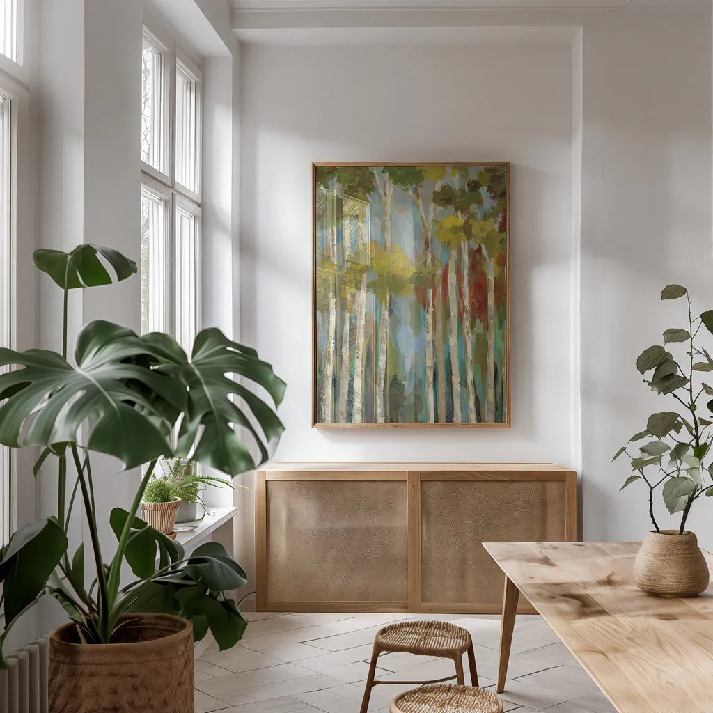 Young Forest II by Silvia Vassileva. shown as a print in a natural wood frame in a dining room. Available as a archival giclee rolled canvas, fine art paper, or poster print. SKU 18052h.