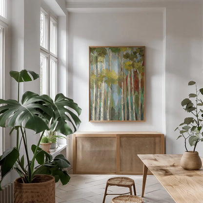 Young Forest II by Silvia Vassileva. shown as a print in a natural wood frame in a dining room. Available as a archival giclee rolled canvas, fine art paper, or poster print. SKU 18052h.