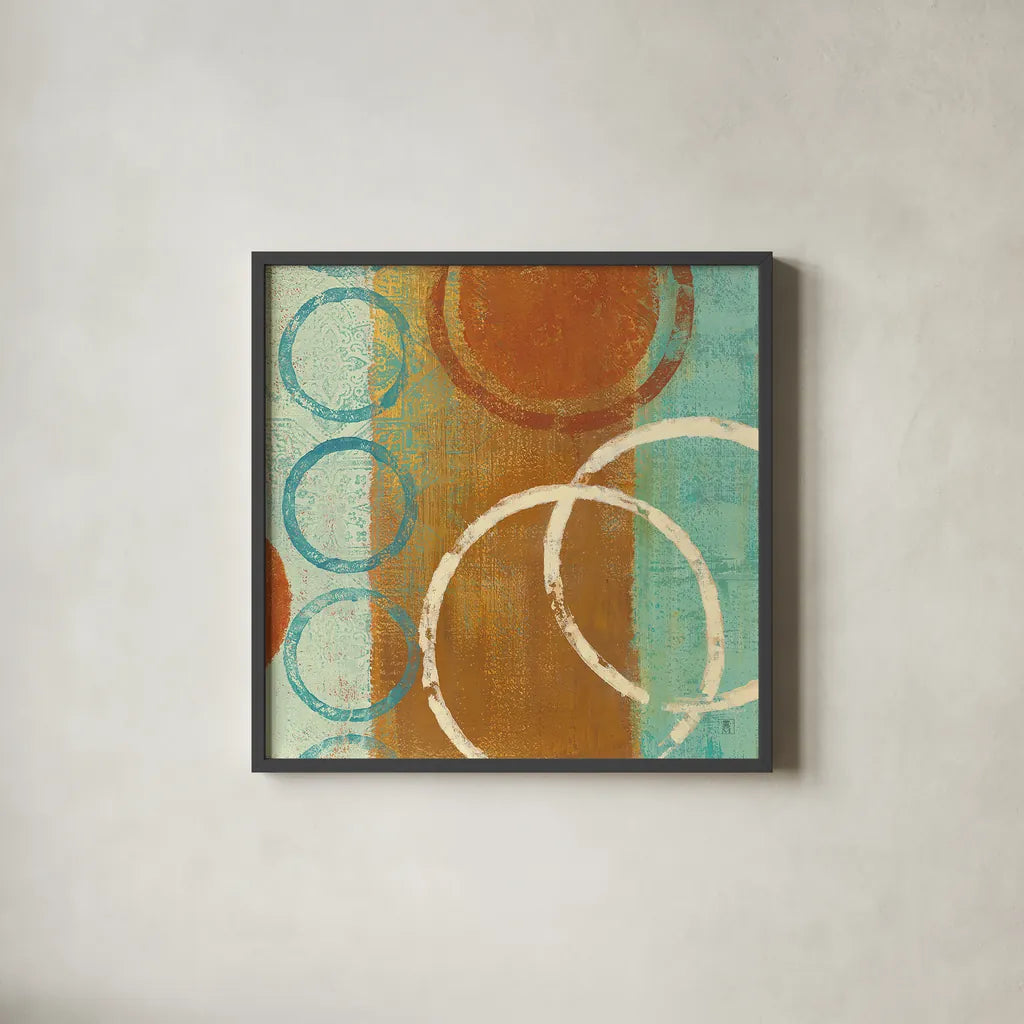 Abstract of Circles 24x24 by Studio Mousseau. Shown in a sleek black glass frame for a contemporary gallery look. Available as an archival giclee rolled canvas, fine art paper, or poster print. SKU 39820a.