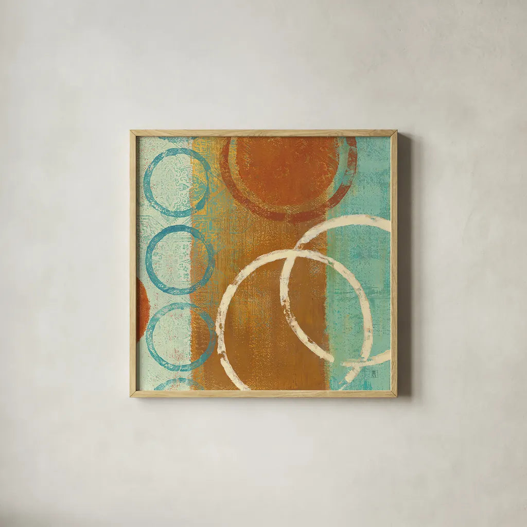 Abstract of Circles 24x24 by Studio Mousseau. Shown in a natural wood glass frame for a timeless modern aesthetic. Available as an archival giclee rolled canvas, fine art paper, or poster print. SKU 39820a.