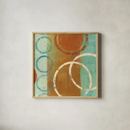 Abstract of Circles 24x24 by Studio Mousseau. Shown in a natural wood glass frame for a timeless modern aesthetic. Available as an archival giclee rolled canvas, fine art paper, or poster print. SKU 39820a.