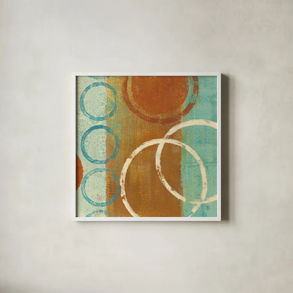 Abstract of Circles 24x24 by Studio Mousseau. Shown in a crisp white glass frame for a clean and minimalist style. Available as an archival giclee rolled canvas, fine art paper, or poster print. SKU 39820a.