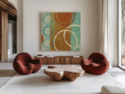 Abstract of Circles 24x24 by Studio Mousseau. Shown as extra-large giant wall art in a modern living room. Available as an archival giclee rolled canvas, fine art paper, or poster print. SKU 39820a.