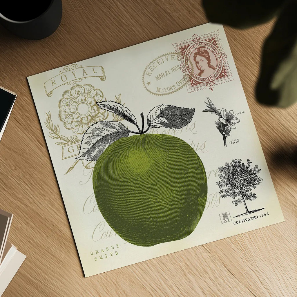 Apple Notes by Studio Mousseau. Shown as a detailed flat fine art print, highlighting archival giclee quality. Available as an archival giclee rolled canvas, fine art paper, or poster print. SKU 10740a.