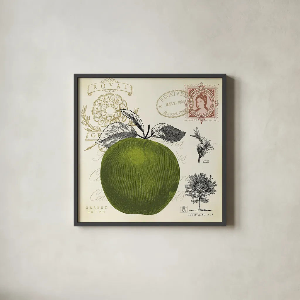Apple Notes by Studio Mousseau. Shown in a sleek black glass frame for a contemporary gallery look. Available as an archival giclee rolled canvas, fine art paper, or poster print. SKU 10740a.