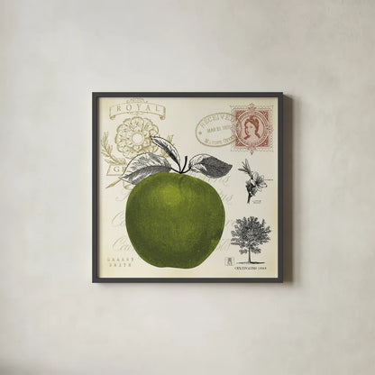 Apple Notes by Studio Mousseau. Shown in a sleek black glass frame for a contemporary gallery look. Available as an archival giclee rolled canvas, fine art paper, or poster print. SKU 10740a.