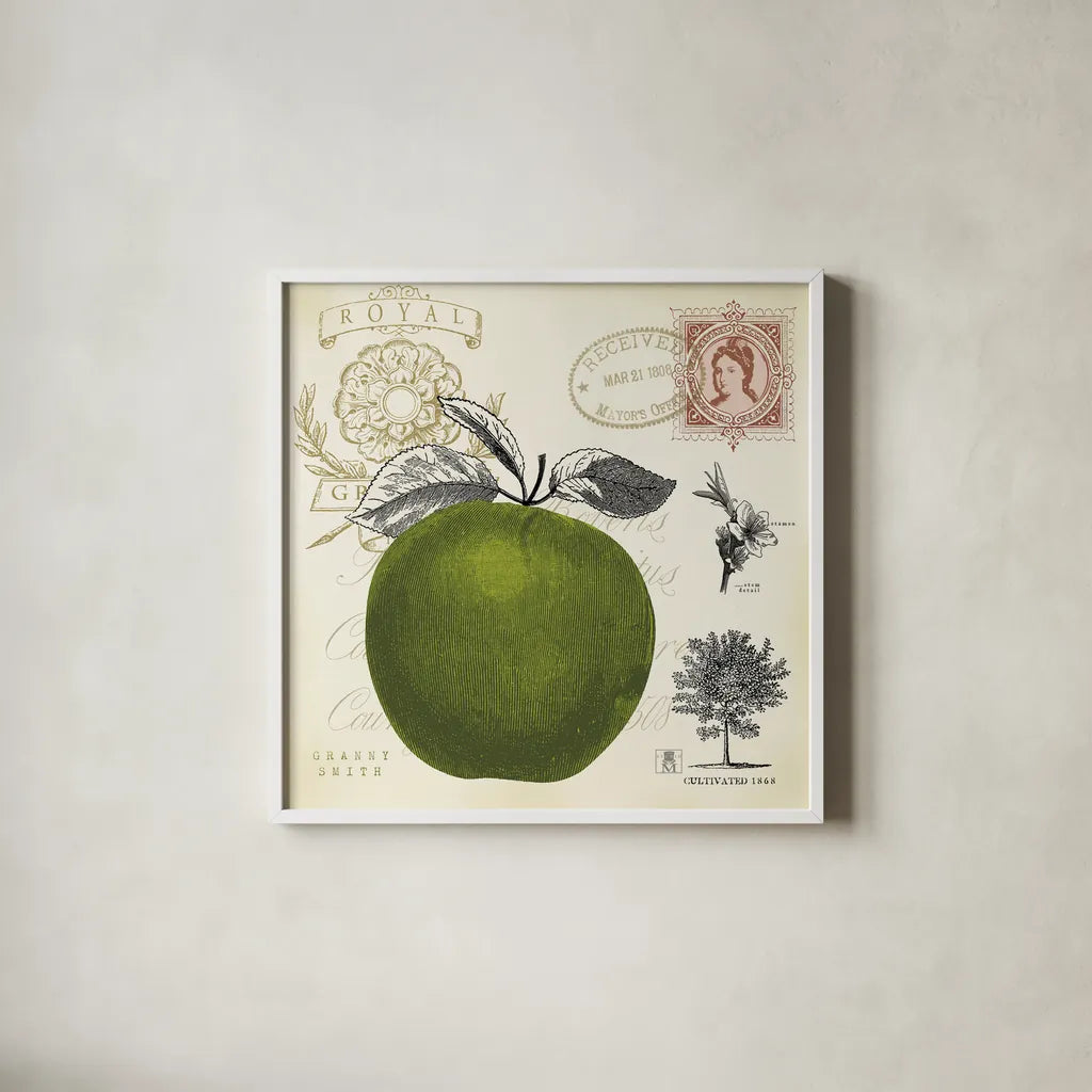 Apple Notes by Studio Mousseau. Shown in a crisp white glass frame for a clean and minimalist style. Available as an archival giclee rolled canvas, fine art paper, or poster print. SKU 10740a.