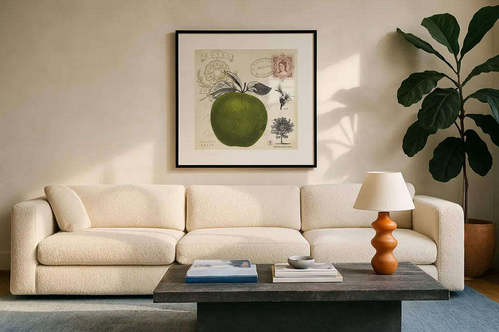 Apple Notes by Studio Mousseau. Displayed in a glass frame with matte in a clean modern living room. Available as an archival giclee rolled canvas, fine art paper, or poster print. SKU 10740a.