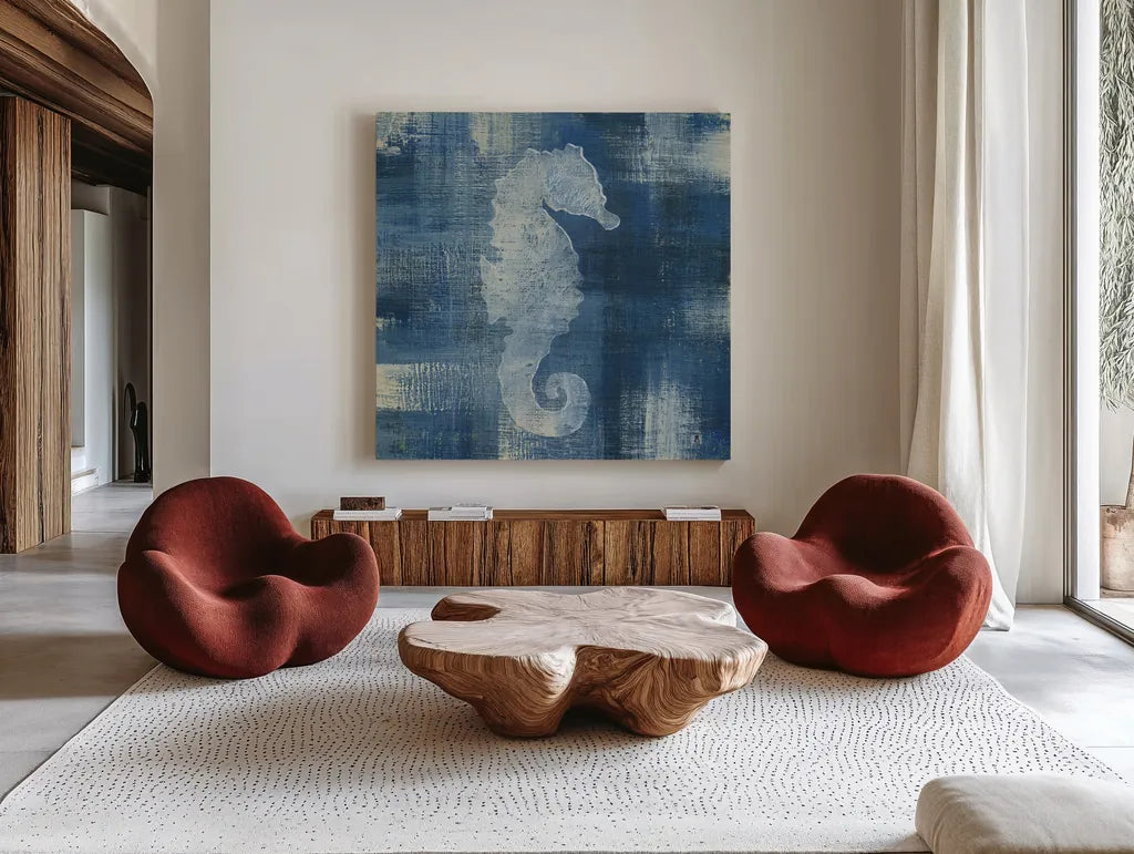 Batik Seas I by Studio Mousseau. Shown as extra-large giant wall art in a modern living room. Available as an archival giclee rolled canvas, fine art paper, or poster print. SKU 32501a.