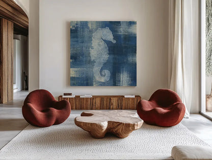 Batik Seas I by Studio Mousseau. Shown as extra-large giant wall art in a modern living room. Available as an archival giclee rolled canvas, fine art paper, or poster print. SKU 32501a.